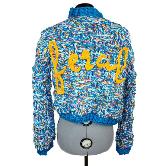 NWT Handmade Crochet Blue Feral Medium Bomber Jacket Sweater Cardigan Chunky - Picture 1 of 3